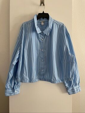 Pure Cotton Blue White Striped Long Sleeve Button Up Shirt Top Cinched Waist